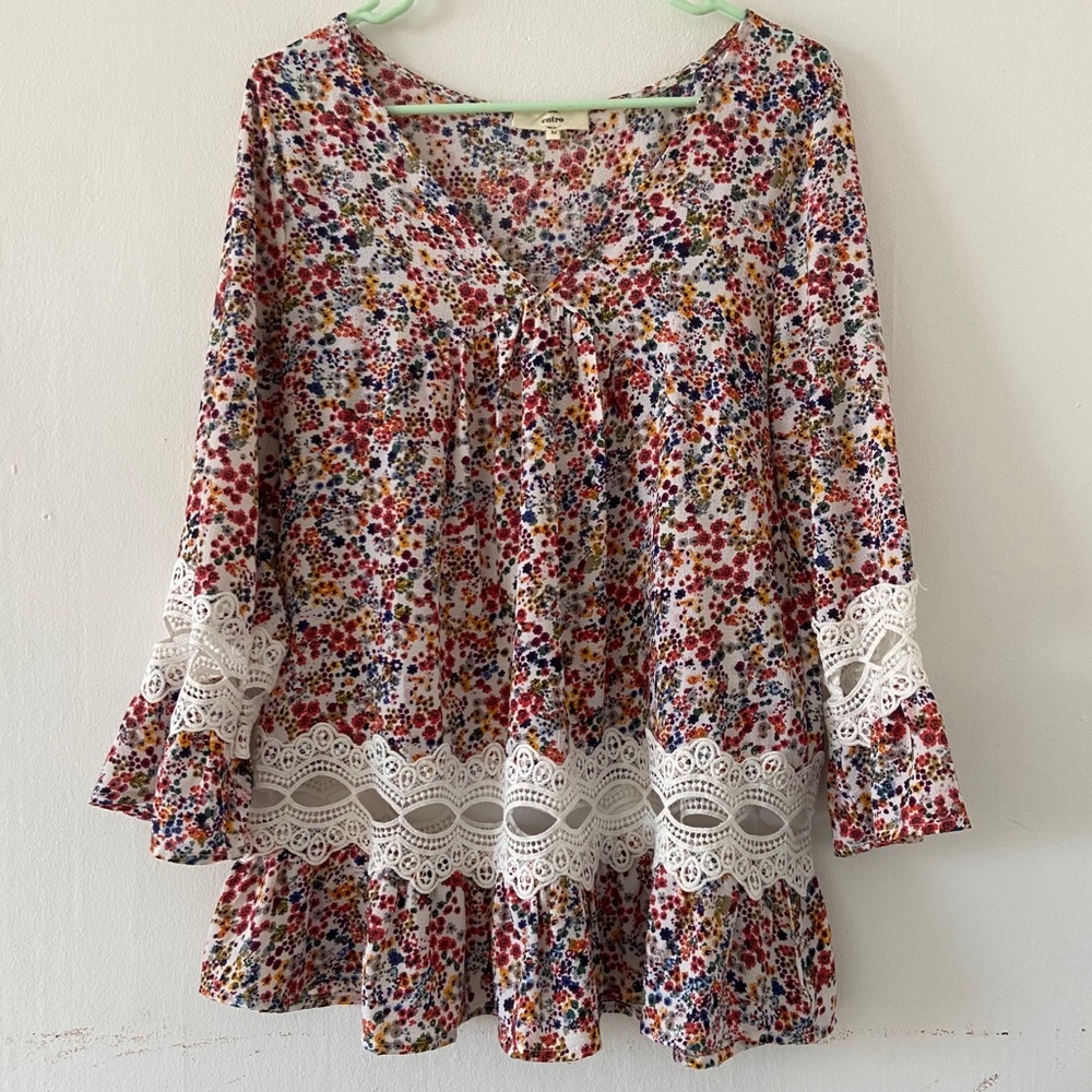 ENTRO floral print crochet tunic dress Size M